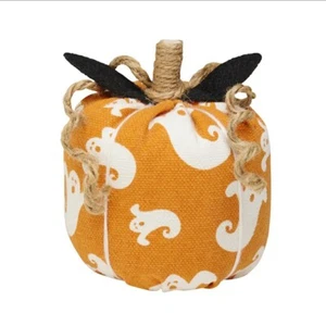 Primitive PUMPKIN Halloween Orange & White GHOSTS Fabric Wood Stem 3x3" - Picture 1 of 1