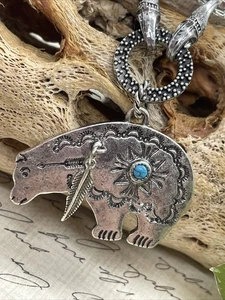 TURQUOISE NECKLACE Bear Feather Aztec Western Southwest Native Style Silver Fall - Picture 1 of 17