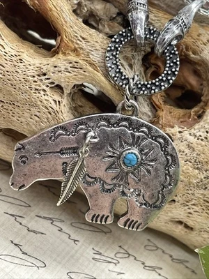 COLLAR TURQUESA Pluma de Oso Azteca Oeste Suroeste Estilo Nativo Plata Otoño Foto 1 de 4