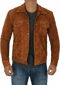 Men Genuine Leather Suede Denim Jacket Tucker Style Brown Coat - Picture 1 of 5