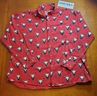 Camisa Mosca Granero De Colección Para Hombres XL Roja Western Steer Calavera Botón EE. UU. Foto 1 de 4