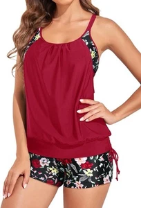 Holipick Womens Two Piece Tummy Control Blouson Tankini Swimsuit Set XS - Picture 1 of 8
