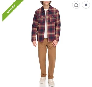 Levi's Mens Sherpa Lined Flannel Jacket Shacket Button Up Gray Plaid Large Shirt - Picture 1 of 5
