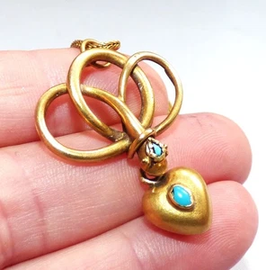 MEDALLÓN VICTORIANO CORAZÓN SERPIENTE ORO 15CT EN CADENA HUESO ARENQUE 15CT - Imagen 1 de 18