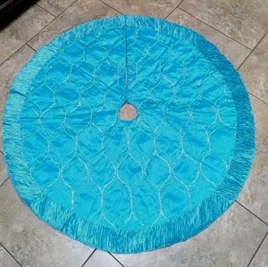 Christmas Tree Skirt Aqua Quilted Pattern Stitching Sequins Rushed Edge 48" - Picture 1 of 5
