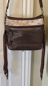 Myra Tasche Rindsleder & verziertes Leder Umhängetasche braun weiß Western Boho  - Bild 1 von 15