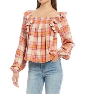 Blusa Free People Mujer We the Free LS Rosa/Naranja Siena Cuadros Boho Volantes Nueva con Etiquetas Foto 1 de 4