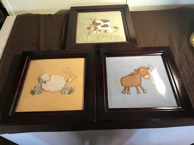 NUEVO Lote de arte hermoso de arte de pared de 3 animales de tela enmarcados línea para niños 0599  Foto 1 de 4