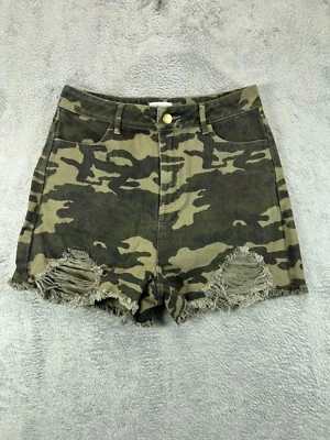NUEVO CON ETIQUETAS LE LIS Pantalones Cortos Denim Cintura Alta Para Mujer Pequeños 28 Verde Camuflaje Desgastado Corte Foto 1 de 4