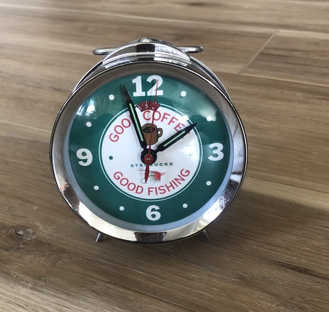 STARBUCKS Green Good Coffee Good Fishing Wind Up Alarm Clock Chrome As Is Repair Cover