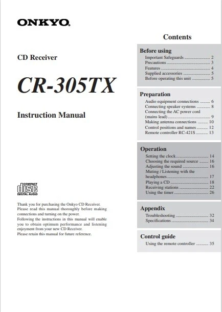 Onkyo CR-305TX - CD Receiver Component System - Instructions - USER MANUAL  - Image 1 of 1