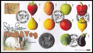 Sophie Grigson signiert 2003GB Obst & Gemüse Peter Kaninchen Kronmünze Benham C115 FDC - Bild 1 von 5