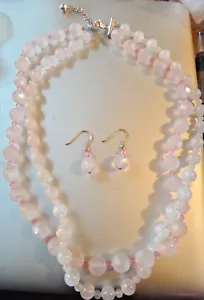Juego de collar y pendientes de plata esterlina de cuarzo y cristales rosa rosa de 2 hebras - Imagen 1 de 5