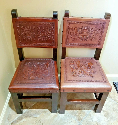 set of 2 children's chairs pazmino peruvian leather embossed mayan aztec motifs Cover