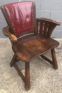 Romweber Viking Oak Vintage Captains Armchair Desk Chair Red Leather Studded - Picture 1 of 11