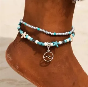 Ocean Wave Anklet Turquoise Bead Ankle Bracelet Women Fashion Jewelry 35-1 - Picture 1 of 4