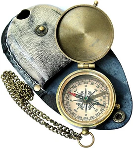 Messing Medaillon Kompass Halskette Maritime Steampunk Antik Vintage Ledertasche - Bild 1 von 5