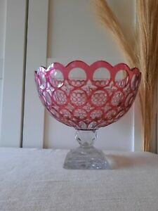 ANTIQUE Vintage Bohemian Cut Clear RUBY CRANBERRY Footed Glass Bowl Pedestal lrg