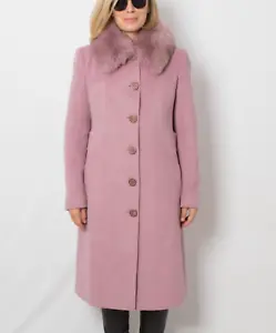 Italian Pink Wool Angora Coat Fitted with Large Fox Fur Collar Medium Size - Picture 1 of 11
