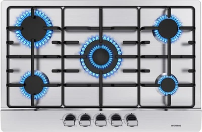WEHIMO Gaskochfeld 5 Flammen Gasherd Edelstahl Einbauherd 76cm Erdgas/Propangas 10500W