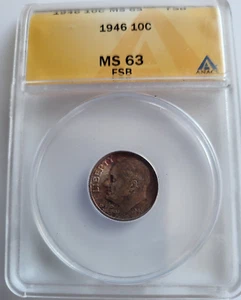 1946 P Roosevelt Dime 10C - Philadelphia Mint - toned - MS63 FSB - Picture 1 of 6