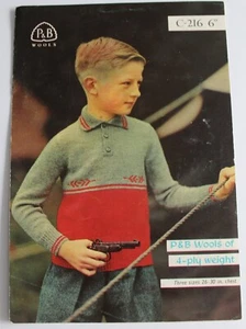 Vintage Child's Sweater Knitting Pattern 4-Ply 26-30" Chest 6-12 yrs P&B C-216 - Picture 1 of 3