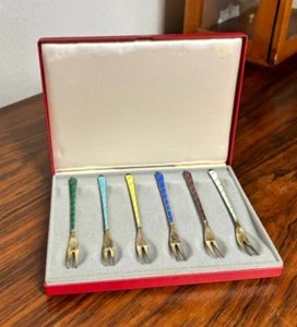 Mid Century Ela Denmark Sterling 925 Email Gäbelchen Gabeln, 6 Set Silber Pieker - Bild 1 von 4
