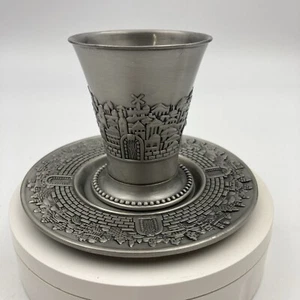 Karshi Jerusalem Kiddush Cup and Plate Judaica Pewter Tone - Picture 1 of 12