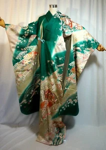 Japanischer Kimono SEIDE "FURISODE" Phönix, Handfächer, GLD/SIL Blatt, Folie, L5'5"..4299 - Bild 1 von 8