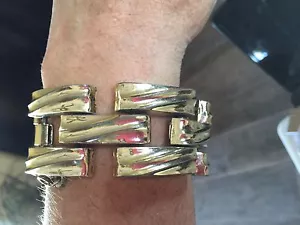 vintage silver tone bracelet,wide band/industrial links,EZ catch,security chain - Picture 1 of 4