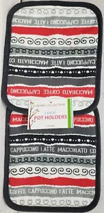 Set of 2 Same Printed Jumbo Pot Holders,7"x8",COFFEE TYPES STRIPES,black back,AM - Picture 1 of 10