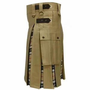 Khaki schottischer Utility-Kilt für Herren – handgefertigte taktische Kilts aus Baumwolle mit Cargotasche - Bild 1 von 2