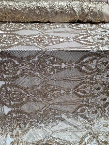 Gold Sequins DAMASK Four Way Stretch Lace Fabric Sold By The Yard  - Picture 1 of 10