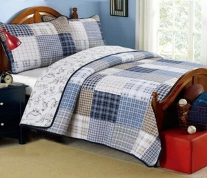 Blue Gray Plaid Dinosaurs 3 pc Quilt Set Twin Full Queen King Cotton Coverlet - Picture 1 of 7