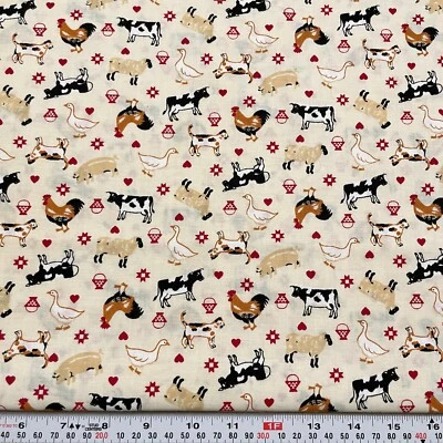 Vintage 1992 Fabric Traditions Farm Animals Cream Cotton Fabric by the HALF YARD - Image 1 of 2