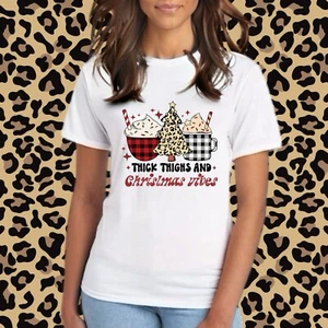 Christmas Vibes Cute Coffee Cups Women’s White Graphic Cotton T Shirt Sz Large - Picture 1 of 7