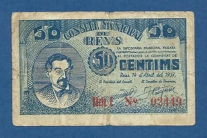 CONSELL MUNICIPAL DE REUS -- 50 CENTIMOS ABRIL ( 1937 ) -- BC -- SERIE E .  - Picture 1 of 2
