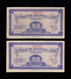 F.C. ASTURIAS Y LEÓN , PAREJA CORRELATIVA 50 CÉNTIMOS 1936 , S/C- . - Imagen 1 de 2