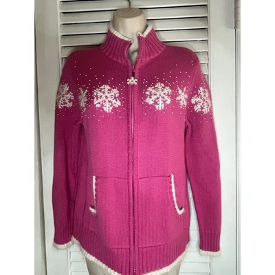 Quaker Factory Pink Snowflake Beaded Full Zip Sweater XS Angora Trim - Image 1 of 4