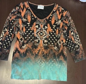 Cactus Bay Western Shirt Women’s Small Rhinestone 3/4 Sleeve USA Aztec Teal M - Picture 1 of 4