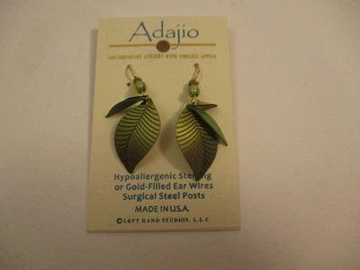 Adajio Drop Dangle Earrings Layered Green Leaf Textured Gold Filled Wire New - Image 1 of 4