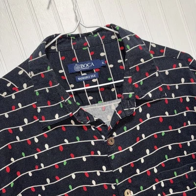 Boca 100% Silk Christmas Lights Shirt Washable Holiday Short Sleeve Mens XL - Image 1 of 4