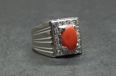 Natural Deep Red Coral Sterling Silver 925 Handmade Marjaan Heavy Mens Ring - Image 1 of 4