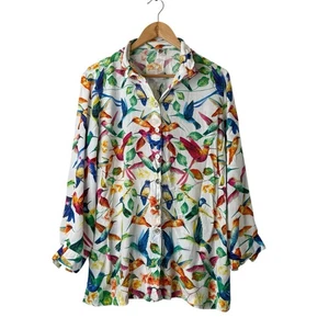 John Mark Hummingbird Print Shirt Womens M Button Up Tunic Wire Collar Floral - Picture 1 of 14
