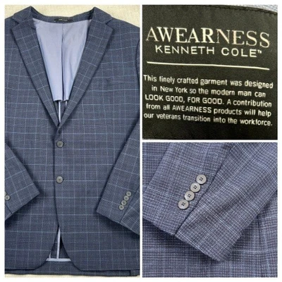 Blazer AWearness Kenneth Cole Para Hombre Talla 56 Largo Azul Marino Mezcla de Lana a Cuadros Grande Alto Foto 1 de 4