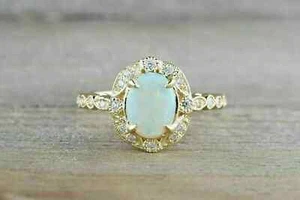 2 Ct Oval Cut Lab-Created Fire Opal Halo Engagement Ring 14K Yellow Gold Plated - Picture 1 of 7