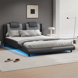 Full Size Upholstered Platform Bed Frame w/LED Light & Adjustable Headboard-Gray - Picture 1 of 9