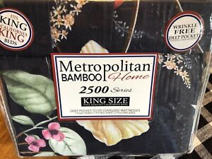 METROPOLITAN BAMBOO Home KING  Hypoallergenic 2500 CT Black Floral Sheet Set