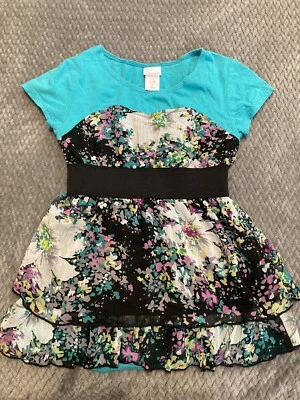 Xhiliration 女孩上衣 - 蓝绿色/黑色花卉 - M 码 — 第 1/4 张图片