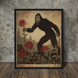 Vintage SASQUATCH BOTANICAL Wall Art, Bigfoot Flower Decor, Cryptid Floral Gift - Picture 1 of 16